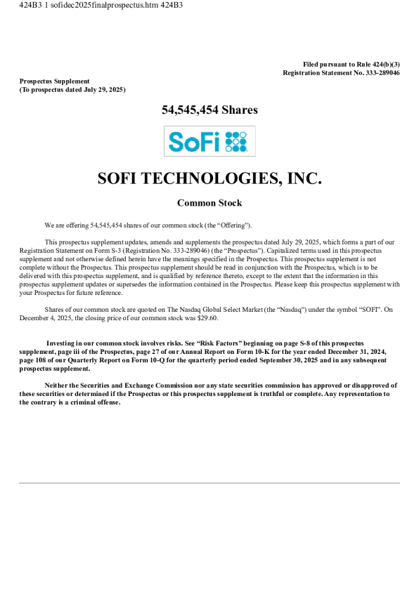 SoFi Technologies Inc美股招股说明书(2025-12-05版)