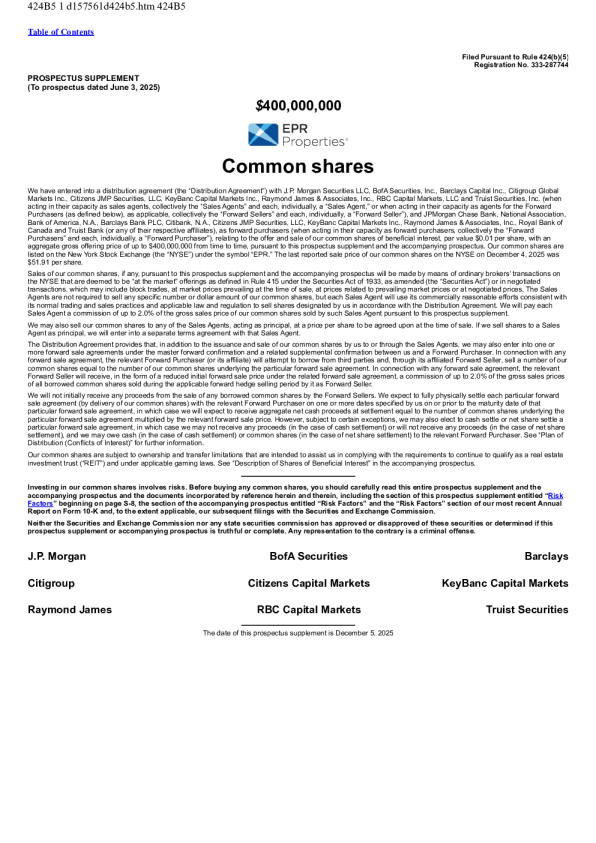 EPR不动产美股招股说明书(2025-12-05版)
