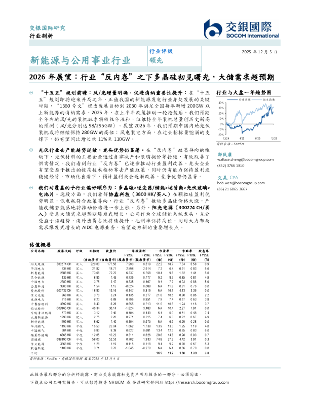 新能源与公用事业行业2026年展望:行业“反内卷”之下多晶硅初见曙光,大储需求超预期