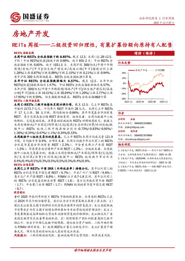 房地产开发REITs周报：二级投资回归理性，有巢扩募份额向原持有人配售REITs指数表现