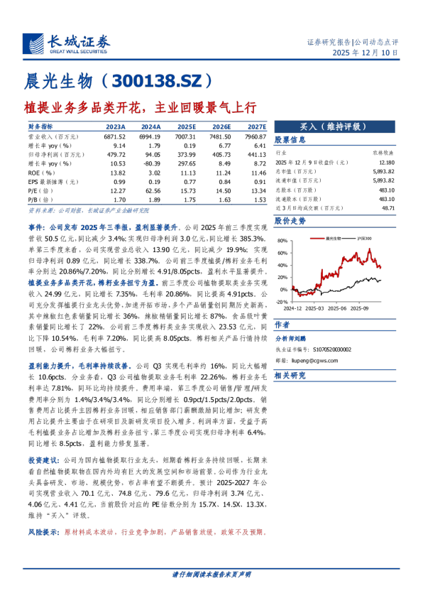 长城证券_公司报告_公司动态点评：晨光生物（300138_SZ）三季报点评_农产品加工Ⅲ_刘鹏 