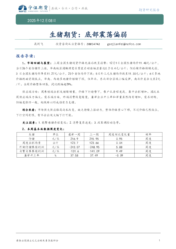 生猪期货:底部震荡偏弱