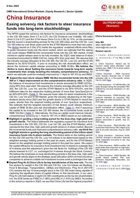 缓解偿付能力风险因素,引导保险资金进行长期持股