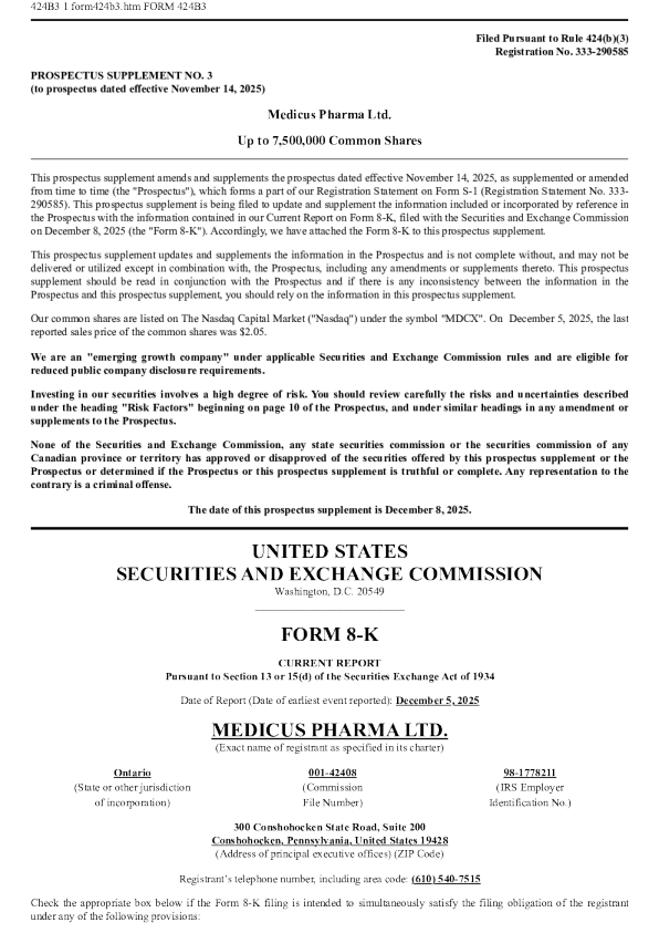 Medicus Pharma Ltd美股招股说明书(2025-12-08版)