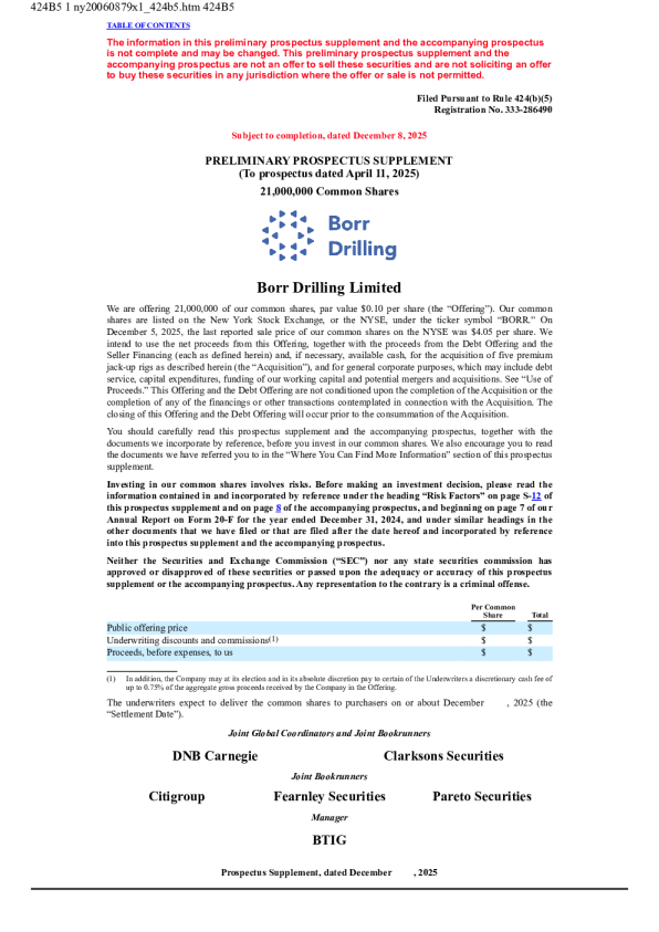 Borr Drilling Ltd美股招股说明书(2025-12-08版)