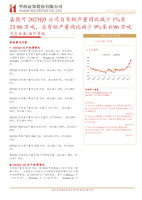 有色金属海外季报:嘉能可2025Q3公司自有铜产量同比减少1%至23.96万吨,自有钴产量同比减少9%至0.96万吨