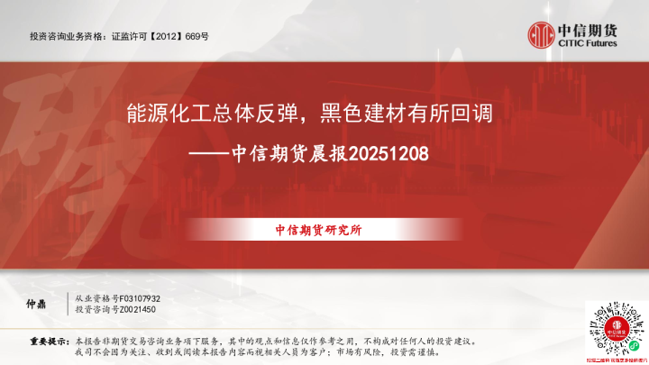 晨报:能源化工总体反弹,黑色建材有所回调