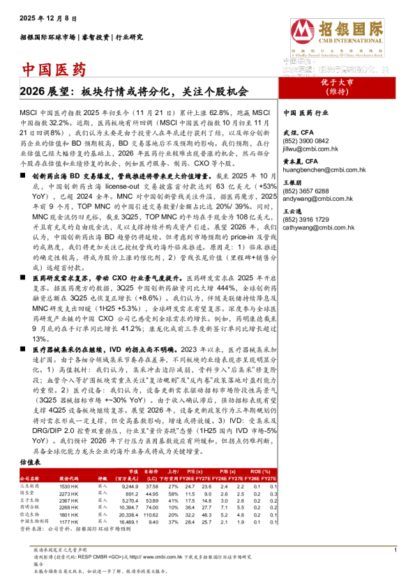 中国医药2026展望:板块行情或将分化,关注个股机会