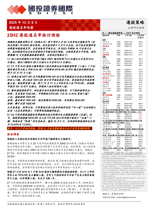 港股通名单观察:25H2港股通名单检讨预检