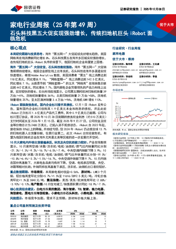 家电行业周报(25年第49周):石头科技黑五大促实现强劲增长,传统扫地机巨头iRobot面临危机
