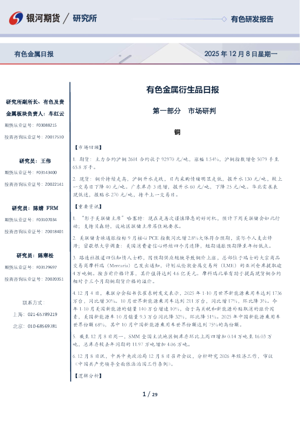 有色金属衍生品日报