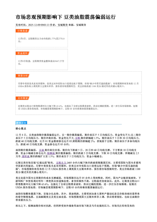 市场悲观预期影响下 豆类油脂震荡偏弱运行