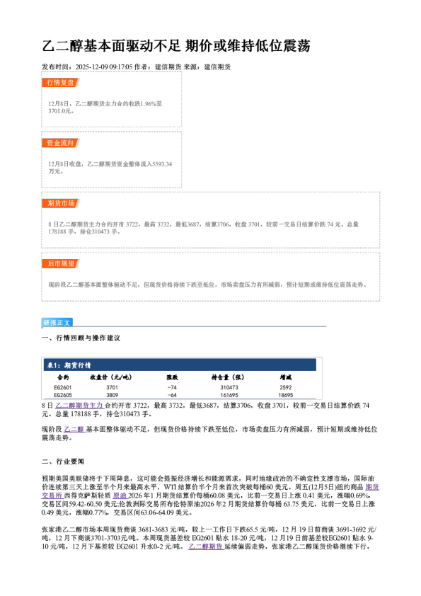 乙二醇基本面驱动不足 期价或维持低位震荡