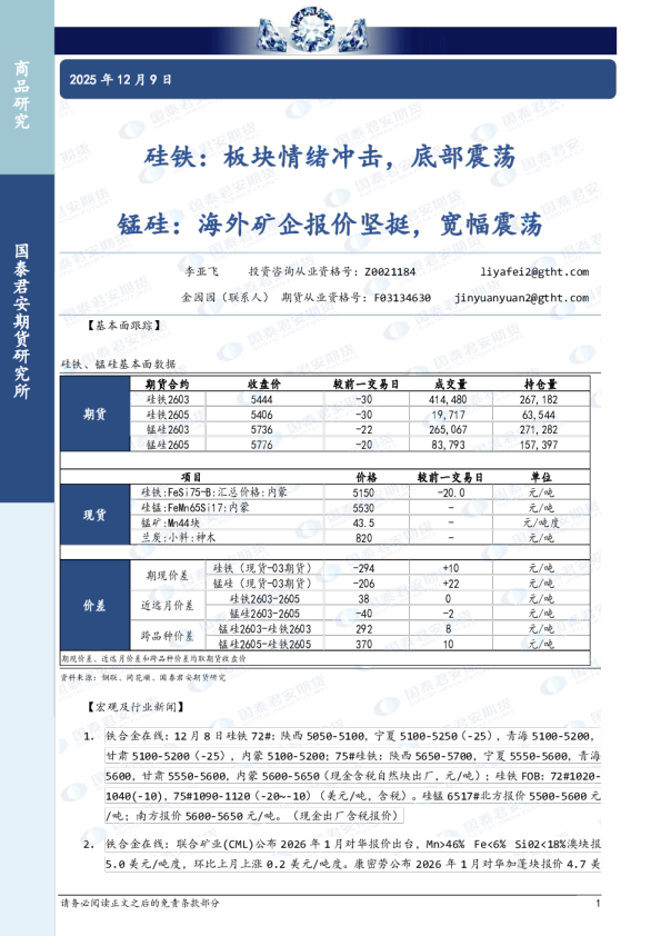 硅铁:板块情绪冲击,底部震荡,锰硅,海外矿企报价坚挺,宽幅震荡