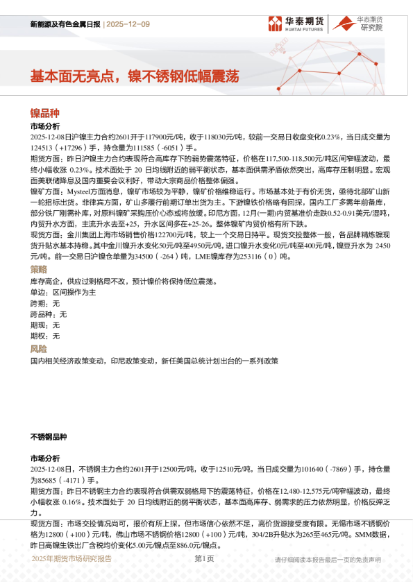 新能源及有色金属日报:基本面无亮点,镍不锈钢低幅震荡