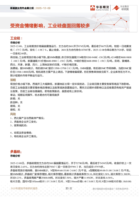 新能源及有色金属日报:受资金情绪影响,工业硅盘面回落较多
