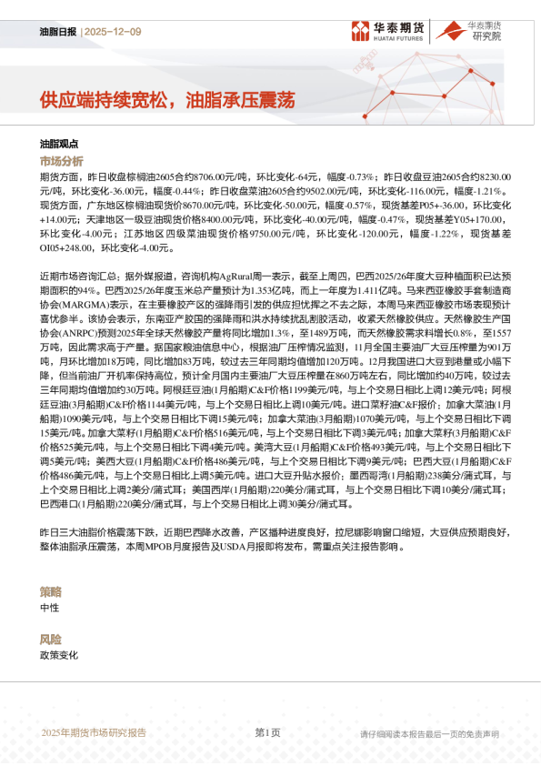 油脂日报:供应端持续宽松,油脂承压震荡