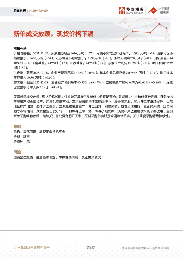尿素日报:新单成交放缓,现货价格下调
