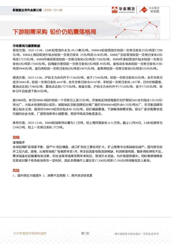 新能源及有色金属日报:下游刚需采购 铅价仍陷震荡格局