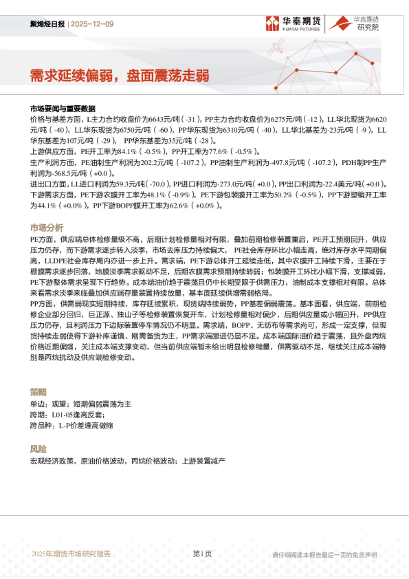 聚烯烃日报:需求延续偏弱,盘面震荡走弱