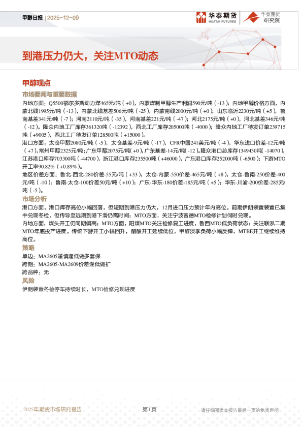 甲醇日报:到港压力仍大,关注MTO动态
