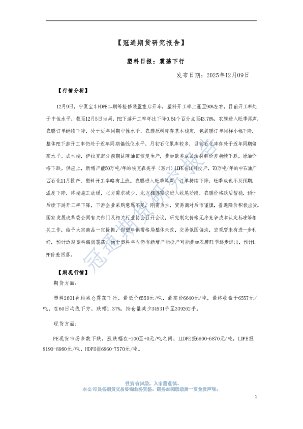 塑料日报:震荡下行