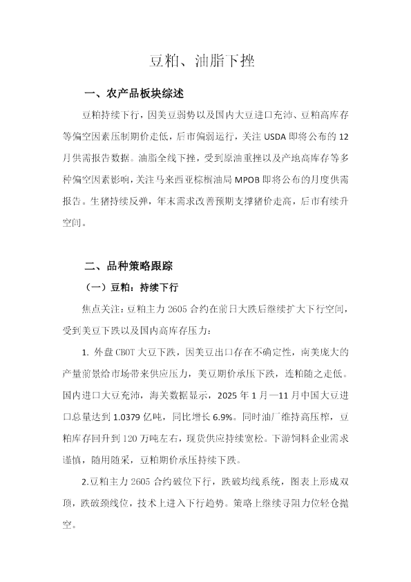 豆粕、油脂下挫