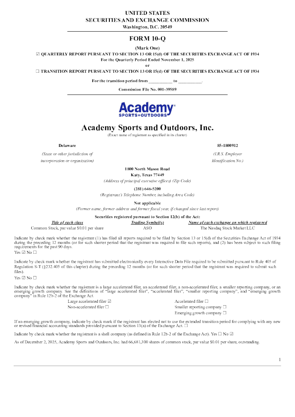 Academy Sports and Outdoors Inc 2025年季度报告