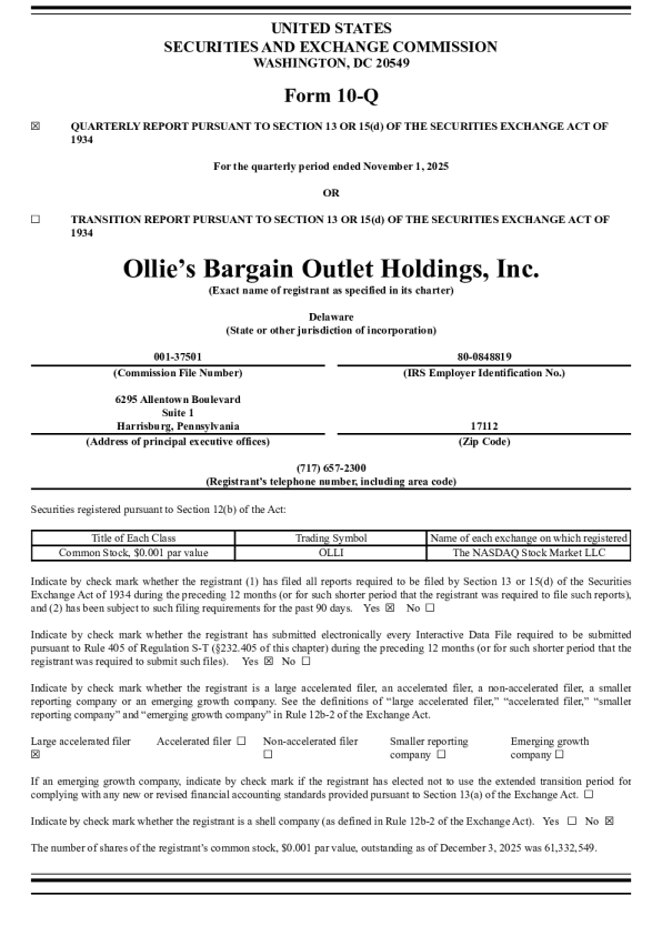 Ollie's Bargain Outlet Holdings Inc 2025年季度报告