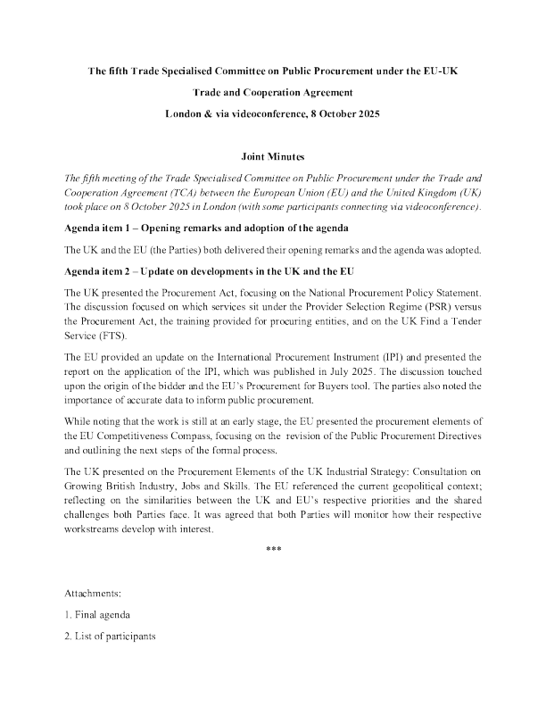欧盟-英国贸易与合作协定下公共采购贸易专门委员会第五次会议
