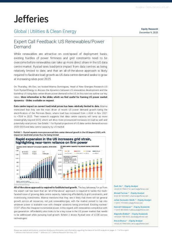 专家电话会议反馈：美国可再生能源/电力需求