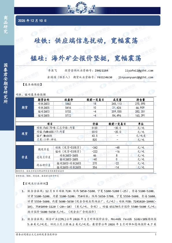 硅铁:供应端信息扰动,宽幅震荡 锰硅:海外矿企报价坚挺,宽幅震荡