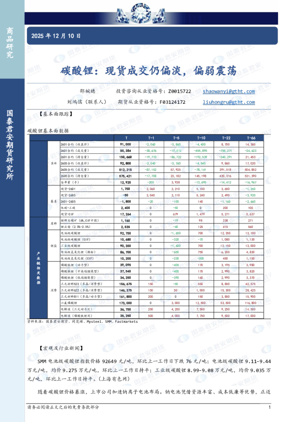 碳酸锂:现货成交仍偏淡,偏弱震荡
