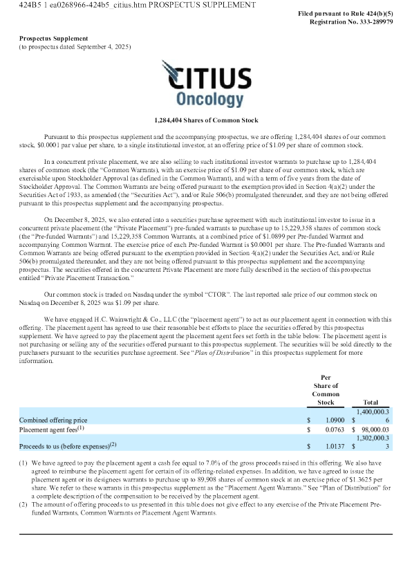 Citius Oncology Inc美股招股说明书(2025-12-10版)