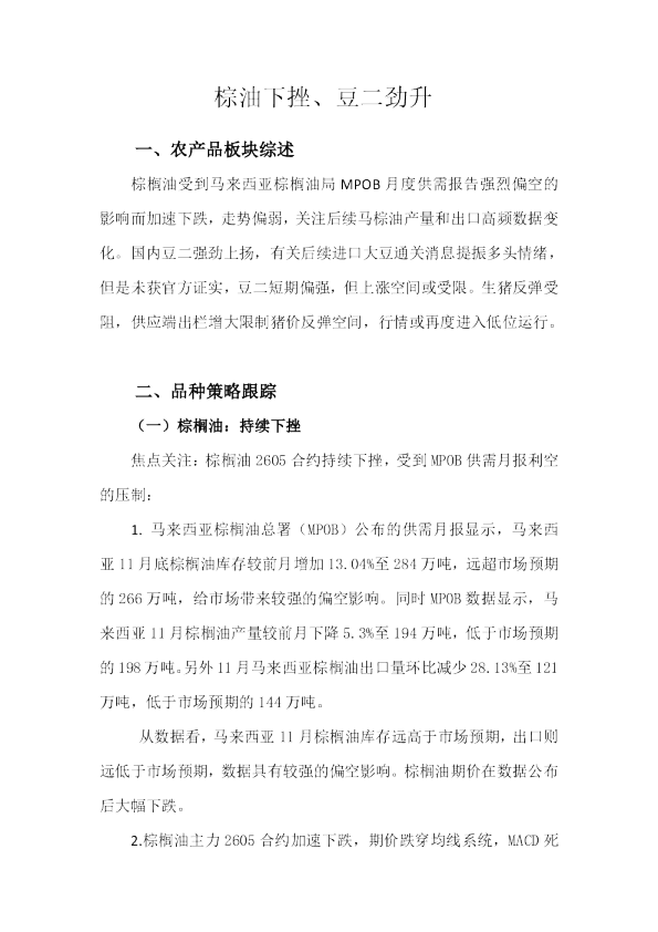 棕油下挫、豆二劲升