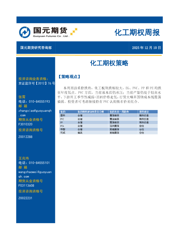 化工期权周报：化工期权策略