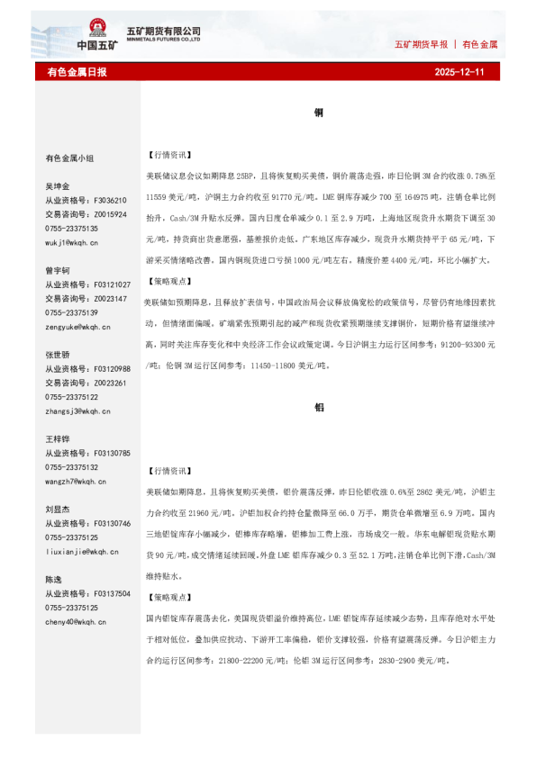 五矿期货早报 | 有色金属