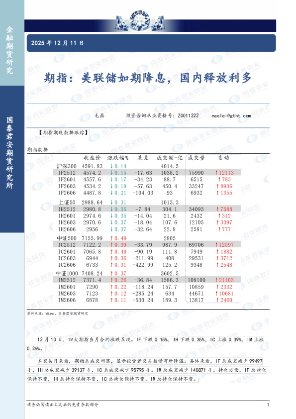 期指：美联储如期降息，国内释放利多