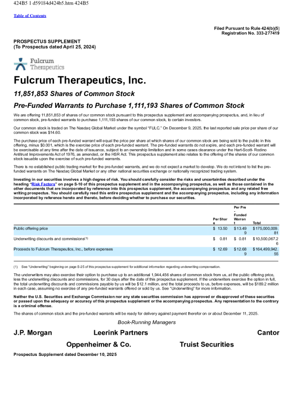 Fulcrum Therapeutics Inc美股招股说明书(2025-12-11版)