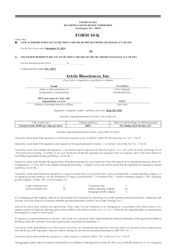 Artelo Biosciences Inc 2024年度报告