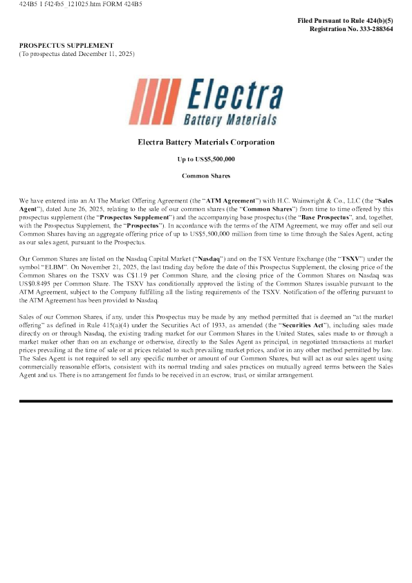 Electra Battery Materials Corp美股招股说明书(2025-12-11版)