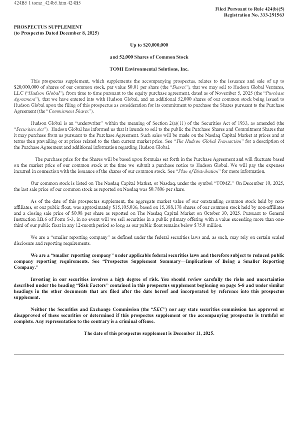 TOMI Environmental Solutions Inc美股市值说明书(2025-12-11版)