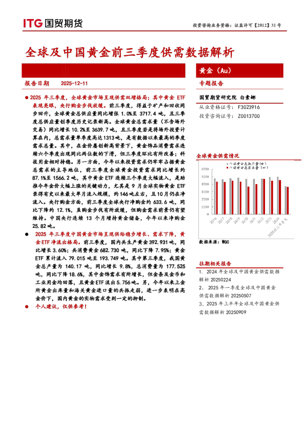 黄金（Au）专题报告：全球及中国黄金前三季度供需数据解析