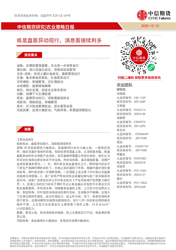 农业策略日报：纸浆盘面异动现行，消息面接续利多