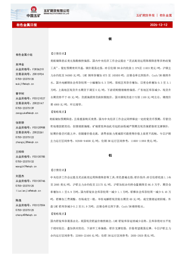 五矿期货早报 | 有色金属
