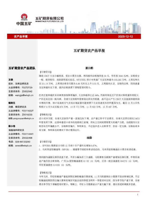 五矿期货农产品早报2025-12-12