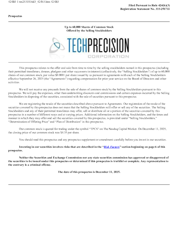Techprecision Corp美股招股说明书(2025-12-12版)
