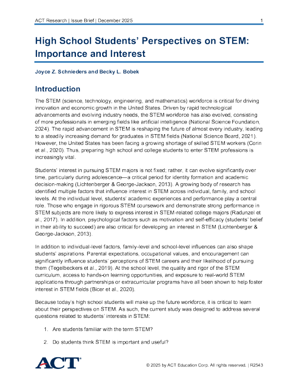 高中生对STEM的看法：重要性和兴趣