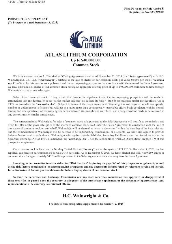 Atlas Lithium Corp美股招股说明书(2025-12-12版)