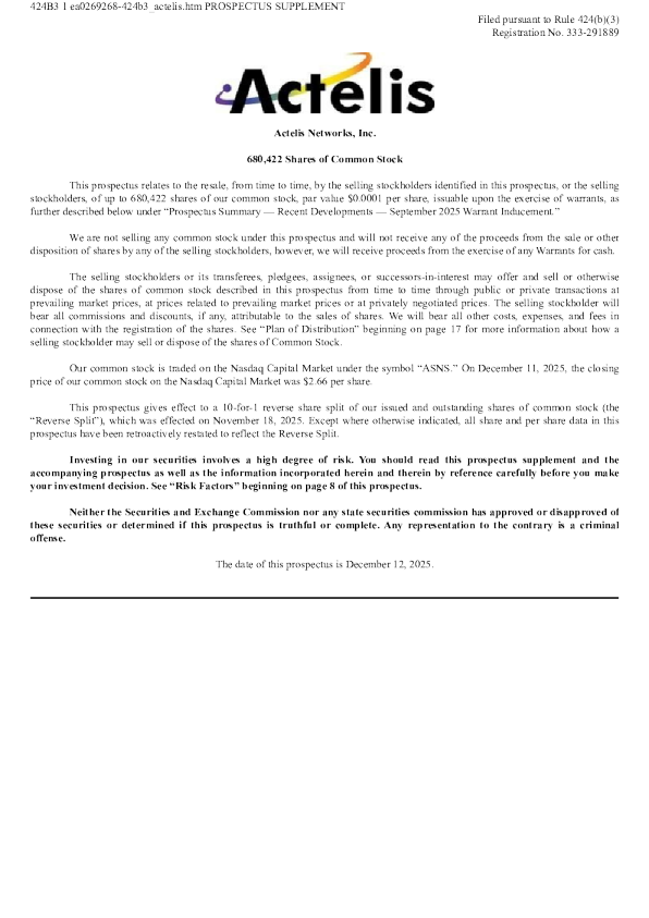 Actelis Networks Inc美股招股说明书(2025-12-12版)